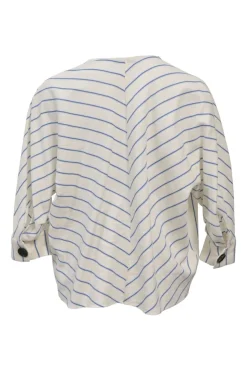 Ivory and blue bias-cut draped striped cotton dolman sleeve blouse