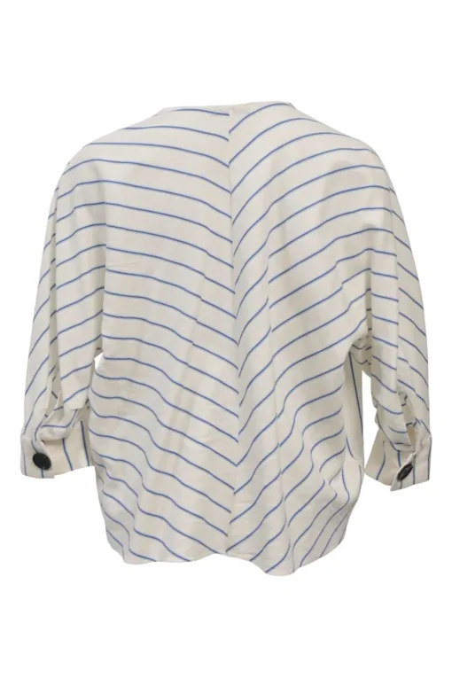 Ivory and blue bias-cut draped striped cotton dolman sleeve blouse