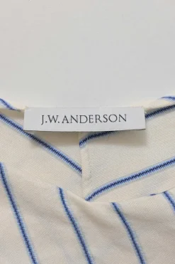 Ivory and blue bias-cut draped striped cotton dolman sleeve blouse