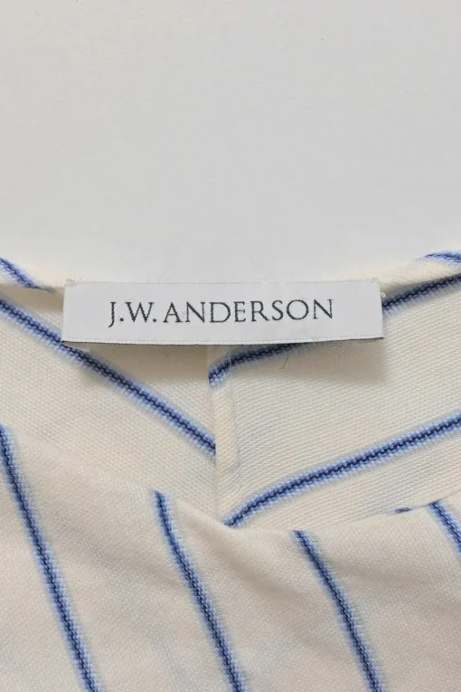 Ivory and blue bias-cut draped striped cotton dolman sleeve blouse