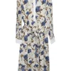 Ivory and blue cotton seersucker floral print half-button band collar belted tunic dress