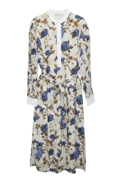 Ivory and blue cotton seersucker floral print half-button band collar belted tunic dress