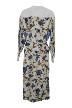 Ivory and blue cotton seersucker floral print half-button band collar belted tunic dress