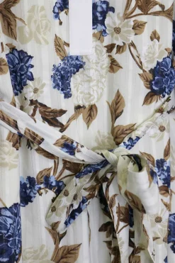 Ivory and blue cotton seersucker floral print half-button band collar belted tunic dress