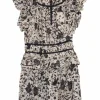 Ivory and burgundy cotton-viscose blend Endah floral print keyhole front tiered flutter sleeve plissé romper