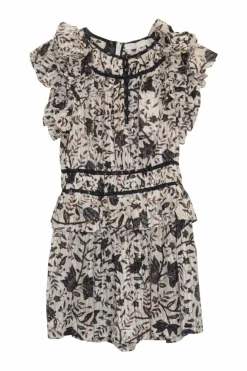 Ivory and burgundy cotton-viscose blend Endah floral print keyhole front tiered flutter sleeve plissé romper