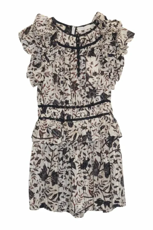 Ivory and burgundy cotton-viscose blend Endah floral print keyhole front tiered flutter sleeve plissé romper