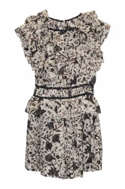Ivory and burgundy cotton-viscose blend Endah floral print keyhole front tiered flutter sleeve plissé romper