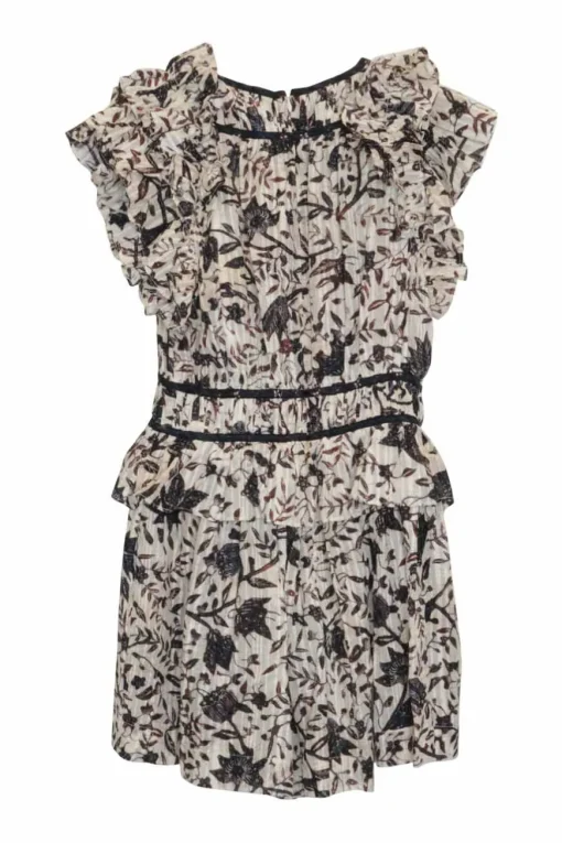 Ivory and burgundy cotton-viscose blend Endah floral print keyhole front tiered flutter sleeve plissé romper