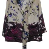 Ivory and burgundy silk satin patchwork-style floral neck-tie boxy pyjama top
