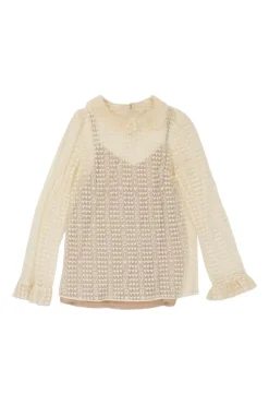 Ivory and camel bi-layer semi-sheer acetate-blend Love Parade tulle mesh ruff collar blouse