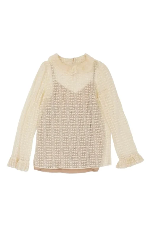 Ivory and camel bi-layer semi-sheer acetate-blend Love Parade tulle mesh ruff collar blouse