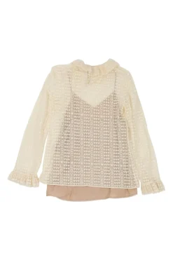 Ivory and camel bi-layer semi-sheer acetate-blend Love Parade tulle mesh ruff collar blouse