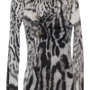 Ivory and espresso rayon jersey pullover asymmetric ruched top with brooch trim appliqué