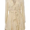 Ivory and gold silk-blend metallic fil coupé plunge neck tie-waist ruffle mini dress