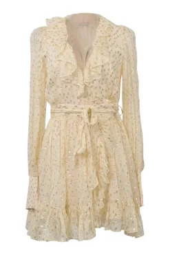 Ivory and gold silk-blend metallic fil coupé plunge neck tie-waist ruffle mini dress