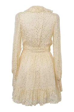 Ivory and gold silk-blend metallic fil coupé plunge neck tie-waist ruffle mini dress