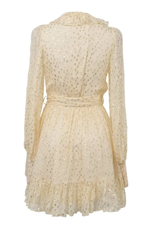 Ivory and gold silk-blend metallic fil coupé plunge neck tie-waist ruffle mini dress