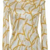 Ivory and gold viscose chainlink print point collar button-front blouse