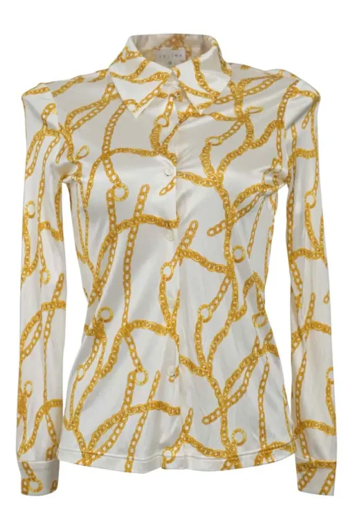Ivory and gold viscose chainlink print point collar button-front blouse