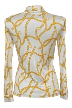 Ivory and gold viscose chainlink print point collar button-front blouse