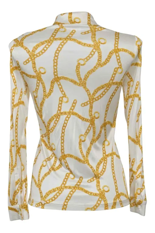 Ivory and gold viscose chainlink print point collar button-front blouse