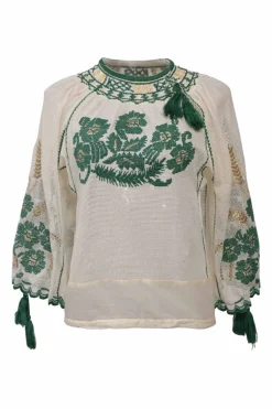Ivory and green floral-embroidered polyester-blend long sleeve tassel top