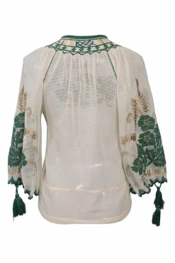 Ivory and green floral-embroidered polyester-blend long sleeve tassel top