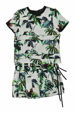 Ivory and green silk botanic print bi-layer effect blouson shift dress