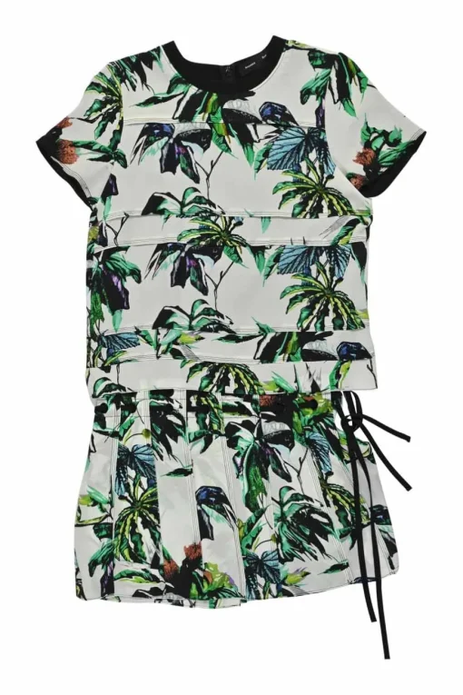 Ivory and green silk botanic print bi-layer effect blouson shift dress