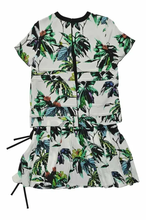 Ivory and green silk botanic print bi-layer effect blouson shift dress