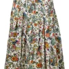 Ivory and green silk floral print pull-on drop-waist knife-pleat midi skirt