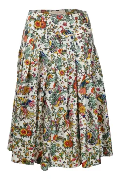 Ivory and green silk floral print pull-on drop-waist knife-pleat midi skirt