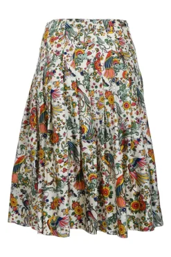 Ivory and green silk floral print pull-on drop-waist knife-pleat midi skirt