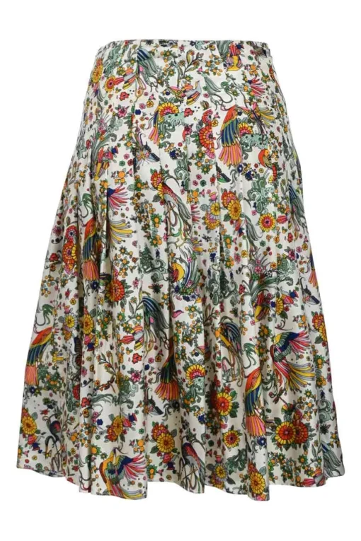 Ivory and green silk floral print pull-on drop-waist knife-pleat midi skirt