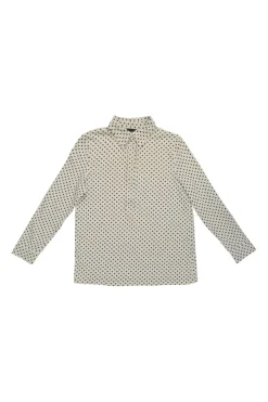 Ivory and navy cotton novelty heart print half-button pullover long sleeve polo top