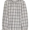 Ivory and navy cotton-linen blend Patsy plaid button-front blouse with gathered neckline and cuffs