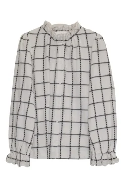 Ivory and navy cotton-linen blend Patsy plaid button-front blouse with gathered neckline and cuffs
