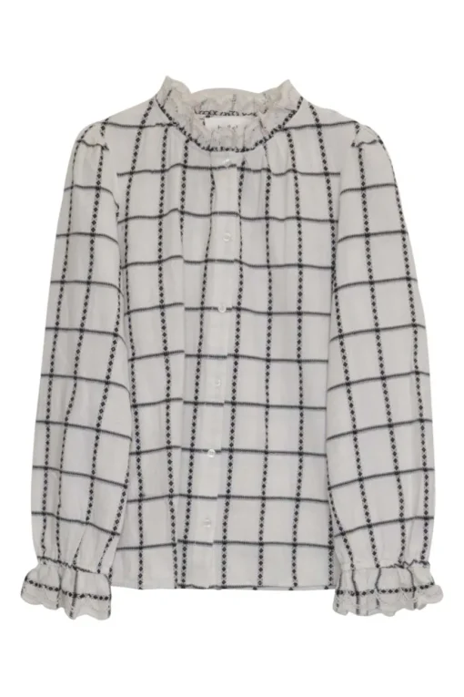 Ivory and navy cotton-linen blend Patsy plaid button-front blouse with gathered neckline and cuffs
