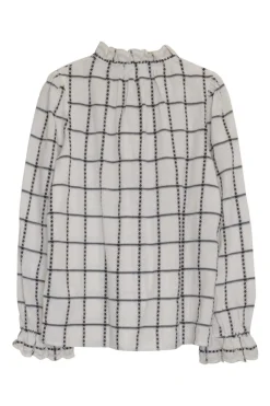 Ivory and navy cotton-linen blend Patsy plaid button-front blouse with gathered neckline and cuffs