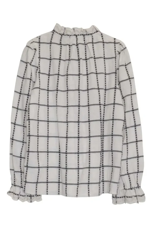 Ivory and navy cotton-linen blend Patsy plaid button-front blouse with gathered neckline and cuffs