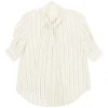 Ivory and navy striped cotton poplin puff sleeve pussy-bow blouse