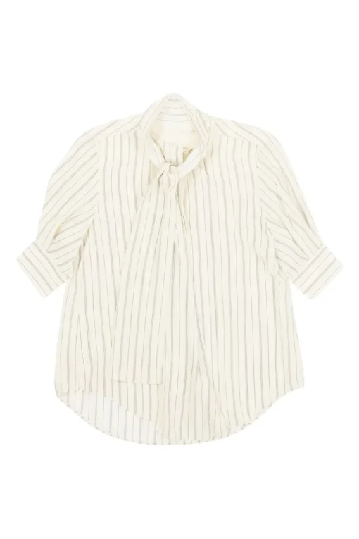 Ivory and navy striped cotton poplin puff sleeve pussy-bow blouse