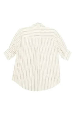 Ivory and navy striped cotton poplin puff sleeve pussy-bow blouse