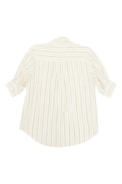 Ivory and navy striped cotton poplin puff sleeve pussy-bow blouse