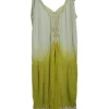 Ivory and olive dip dyed paneled polyamide drop-waist v-neck pullover shift dress with macramé trim