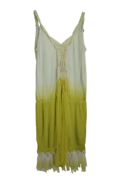 Ivory and olive dip dyed paneled polyamide drop-waist v-neck pullover shift dress with macramé trim