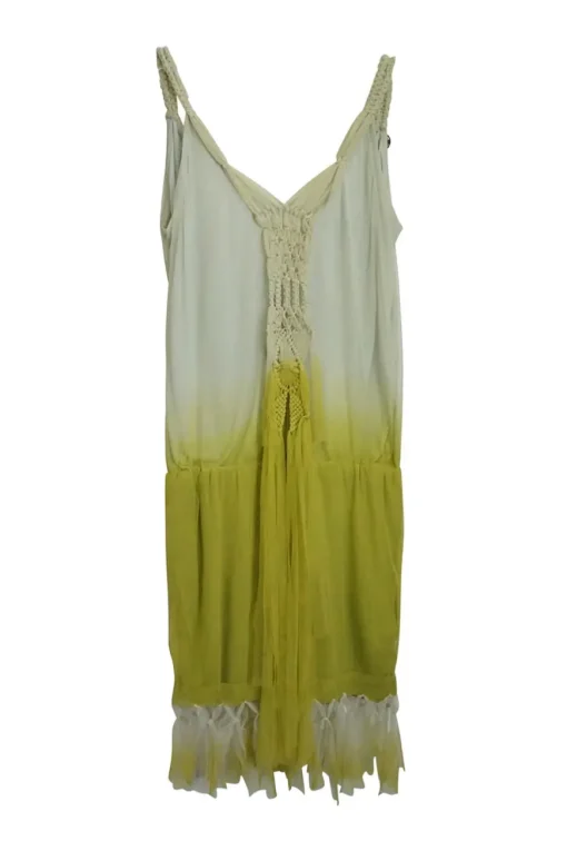 Ivory and olive dip dyed paneled polyamide drop-waist v-neck pullover shift dress with macramé trim