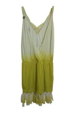 Ivory and olive dip dyed paneled polyamide drop-waist v-neck pullover shift dress with macramé trim