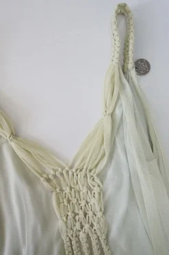 Ivory and olive dip dyed paneled polyamide drop-waist v-neck pullover shift dress with macramé trim